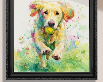 Könnte beinhalten: Aquarellmalerei eines Golden Retrievers, der mit einem Tennisball im Maul rennt. Das Kunstwerk zeichnet sich durch leuchtende Farben und einen verspielten Stil aus, vor dem Hintergrund von grünem Gras und farbenfrohen Farbspritzern. Der gerahmte Druck hat den Text "Canvas or Paper Print".
