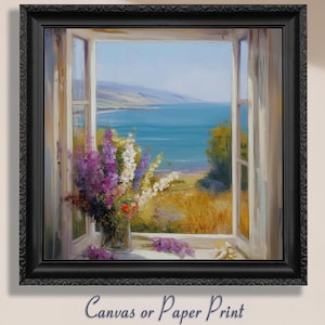 Lienzo con flores silvestres y ventana abierta / Impresión sin marco. Arte costero con vista al mar, playa, mar, sala de estar, cocina, pintura, póster, decoración de pared.