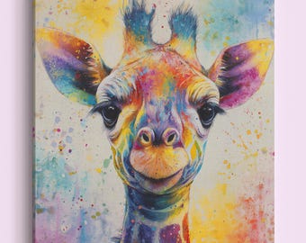 キリンのアートプリントキャンバス。カラフルなサファリ動物の