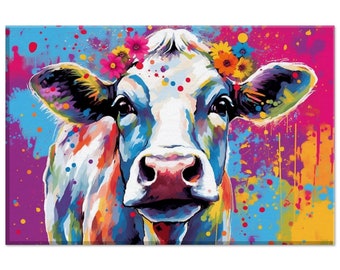 Colorful Cow and Flowers Canvas. Vibrant Floral Farm Animal Art