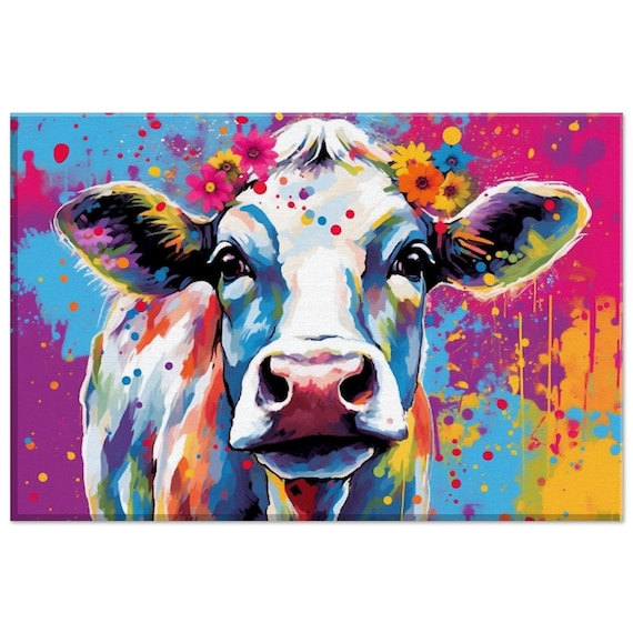 Colorful Cow and Flowers Canvas. Vibrant Floral Farm Animal Art