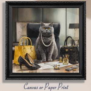 Sofistikerad kattkonst på canvas. Lyxig, moderiktig väggdekoration för katt, brittiskt korthår, elegant katt, mammapresent, elegant heminredning