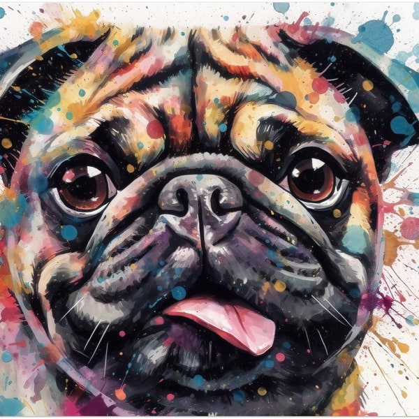 Watercolor Pug Canvas or Unframed Print. Colorful Quirky Wall Art Gift for Dog Lovers, Cute Pug Mom, Dad Painting. Funny Birthday Present