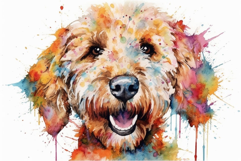 May include: Watercolor painting of a brown and white dog with colorful splatter paint in the background. The dog is smiling with its mouth open and tongue showing.