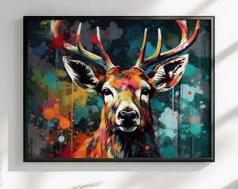 Majestic Stag / Deer Unframed Poster Print. Colorful Art, Wall Decor Gift for Animal Lovers, Mom Dad, Watercolor Paint Splash Painting