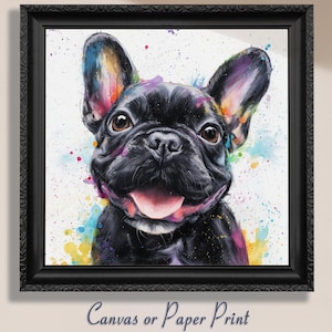 Black French Bulldog Art Print Canvas / Unframed Watercolor - Rainbow Frenchie Dog Portrait Pet Wall Art, Frenchie Mom Dad Gift, Happy Puppy