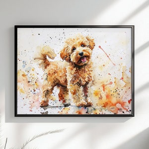 May include: Watercolor painting of a light brown dog with a white background. The dog is standing with its tongue out and has a happy expression. The background is a light brown with splashes of color.