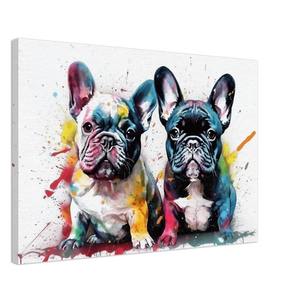 Black, White French Bulldog Puppy Canvas. Colorful Wall Art Print Picture for Dog Lovers, Watercolor Frenchie Mom Gift, 2 Puppies Painting