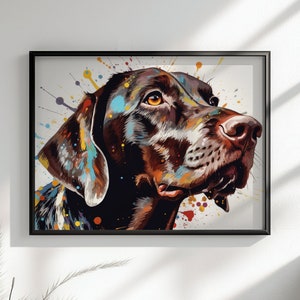 May include: A close-up of a brown and black dog's head with colourful paint splatters on its fur. The dog is looking to the right of the image.