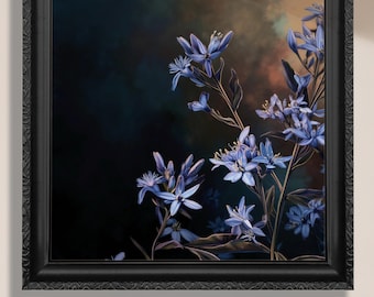 Lienzo/impresión sin marco de flor de estrella azul. Póster con imagen de flor silvestre Amsonia Blue Star, decoración de pared azul marino, glamuroso arte floral minimalista.