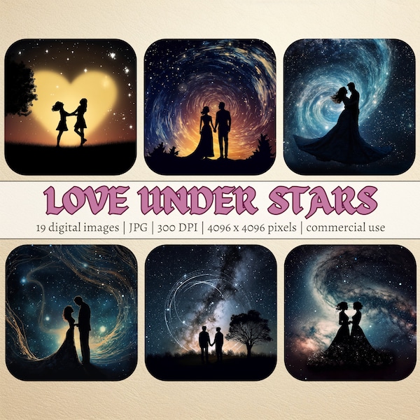 Love Under The Stars Clipart - 19 High Quality JPGs silhouettes starry sky. Valentine's Day, Commercial Use. Same sex & male female couples