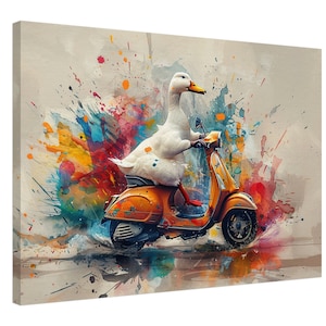 Impresión de lienzo de pato montando un ciclomotor. Divertido regalo de arte de pared de pájaros para motociclistas, decoración aviar, pintura de salpicaduras de pintura de pájaros con brazos
