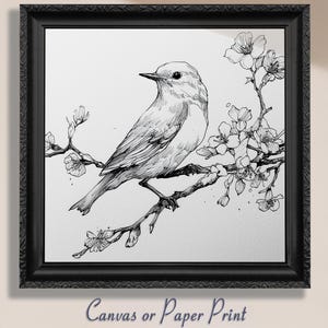 Süßer Vogel Sketch Print Canvas / Ungerahmt. Vintage Blumen Linie Zeichnung, Minimalistische Natur Wand Dekor, Elegante Haus Geschenk Cottage Malerei Kunst