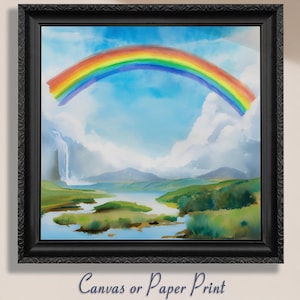 Lienzo con pintura de arcoíris / Impresión sin marco. Paisaje de acuarela con cascada serena, decoración de pared, póster, arte para cuarto de juegos infantil.