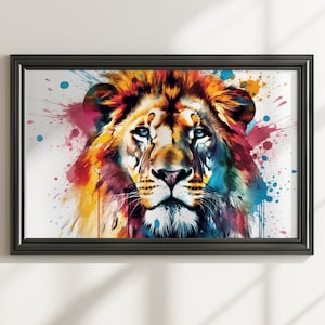 Watercolour Lion Poster Print. Colourful Wildlife Wall Decor Gift for Lion Lover, Dad. Abstract Paint Splash Safari Jungle Animal Art