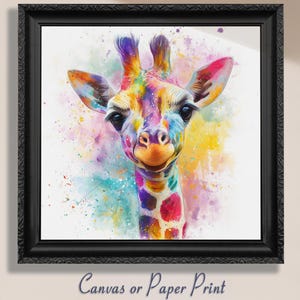 Giraffe Art Print Canvas Watercolor Rainbow Animal Nursery Kids Room Decor Safari Wall Art Baby Shower Gift Colorful Wildlife