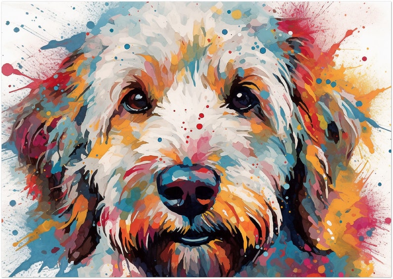 May include: A colorful abstract painting of a dog's face. The dog has white fur with brown, orange, and yellow accents. The background is white with splashes of blue, red, yellow, and green paint.