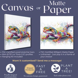 May include: A colorful gecko art print is displayed on canvas and matte paper. The gecko is painted with vibrant hues of pink, yellow, blue, and green. The canvas print is stretched on FSC-certified wood stretcher bars, with slim (0.75") or thick (1.5") profiles, and includes a hanging kit.