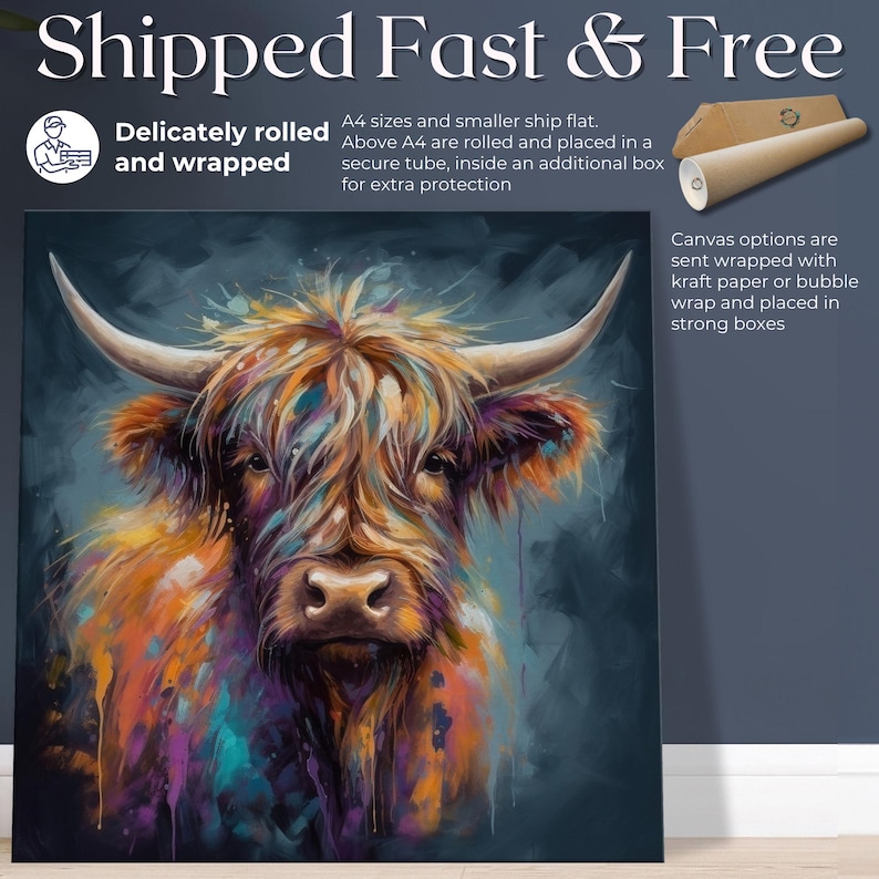 Highland Cow Canvas o stampa incorniciata/senza cornice. Un dipinto unico multicolore di una mucca scozzese. Regali di decorazioni murali da fattoria colorate per contadini, mamme immagine 9