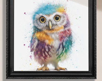 Könnte beinhalten: Ein gerahmter Kunstdruck mit einer bunten Aquarell-Eule. Die Eule hat große gelbe Augen und eine Mischung aus blauen, orangefarbenen, lila und grünen Federn. Der Rahmen ist schwarz mit einem dekorativen Rand. Der Text "Canvas or Paper Print" steht unten.