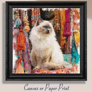 Impresión artística en lienzo de gato Ragdoll. Arte mural de gatito siamés, ojos azules, mercado textil colorido, retrato de mascota, regalo, decoración para dormitorio de mamá gata.