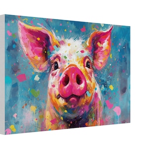 Colorful Pig Canvas Wall Art Print Picture for Farmers, Home Office, Living Room Decor, Dad, Mom. Farm Art