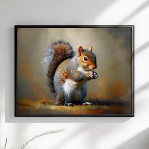 Tela o poster di scoiattolo carino. Stampa di pittura a olio, amante della noce grigia con coda folta, quadro dipinto da appendere alla parete, decorazione animale, creatura del bosco