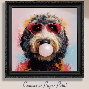 Divertente stampa di Goldendoodle su tela, senza cornice. Regalo per proprietari di cani, Golden Doodle alla moda, immagine di Labradoodle, ritratto di animali domestici con schizzi di vernice.