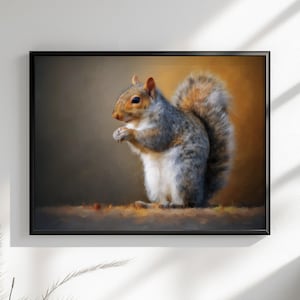 Tela o poster di scoiattolo carino. Stampa di pittura a olio, amante della noce grigia con coda folta, quadro dipinto da appendere alla parete, decorazione animale, creatura del bosco