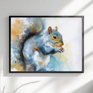 Tela o poster di scoiattolo carino. Stampa di pittura ad acquerello, amante della noce grigia con coda folta, dipinto su tela, da appendere alla parete, animale, creatura del bosco