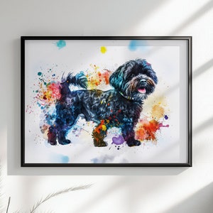 Zwarte Cockapoo canvas/poster afdrukken. Kleurrijke aquarel Happy Doodle hond schilderij Splatter Paint Splash Art, Cavapoo Wall Decor Gift