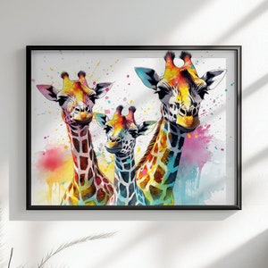 Drei Giraffen Aquarell Poster Druck. Farbe Safari Tier Wand Dekor Geschenk. Lustige Giraffen-Familienmalerei, Kinder, Bruder-Schwester