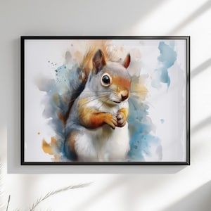Tela o poster di scoiattolo carino. Stampa di pittura ad acquerello, amante della noce grigia con coda folta, dipinto su tela, da appendere alla parete, animale, creatura del bosco