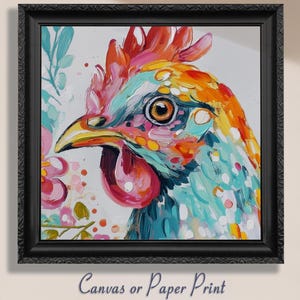 Stampa artistica astratta di gallo su tela / senza cornice quadrata - Decorazione da parete con animali da fattoria colorati, moderna cucina, regalo per la parete della galleria, gallo contadino