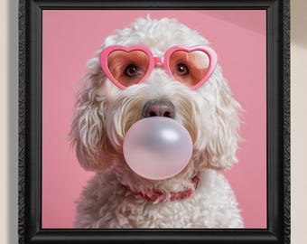 May include: A white dog wearing pink heart-shaped sunglasses and blowing a bubble with pink bubble gum. The dog is against a pink background.