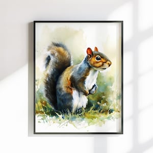 Tela o poster con scoiattolo carino. Stampa ad acquerello, coda folta grigia, quadro da appendere alla parete, decorazione con animali, creatura del bosco.