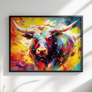 Charging Bull Poster Print. Unframed Colourful Animal Wall Decor Gift. Paint Splash Art for Farmer, Dad Grandad, Matador, Farmhouse Painting