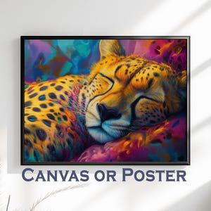 Quadro su tela o poster "Ghepardo sognante". Stampa artistica massimalista con animali, grande quadro da parete per la cucina, decorazione con savana africana viola.