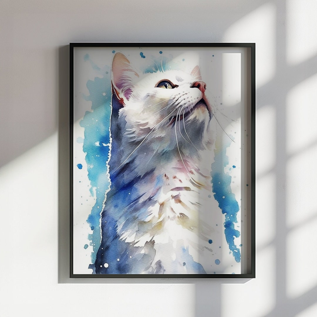 Watercolour White Cat Poster Print. Unframed Wall Decor Gift, Feline ...
