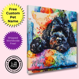 Puede incluir: Una pintura de acuarela de un perro negro durmiendo en un sofá colorido. El nombre del perro, "Max", está escrito en rosa en el sofá.