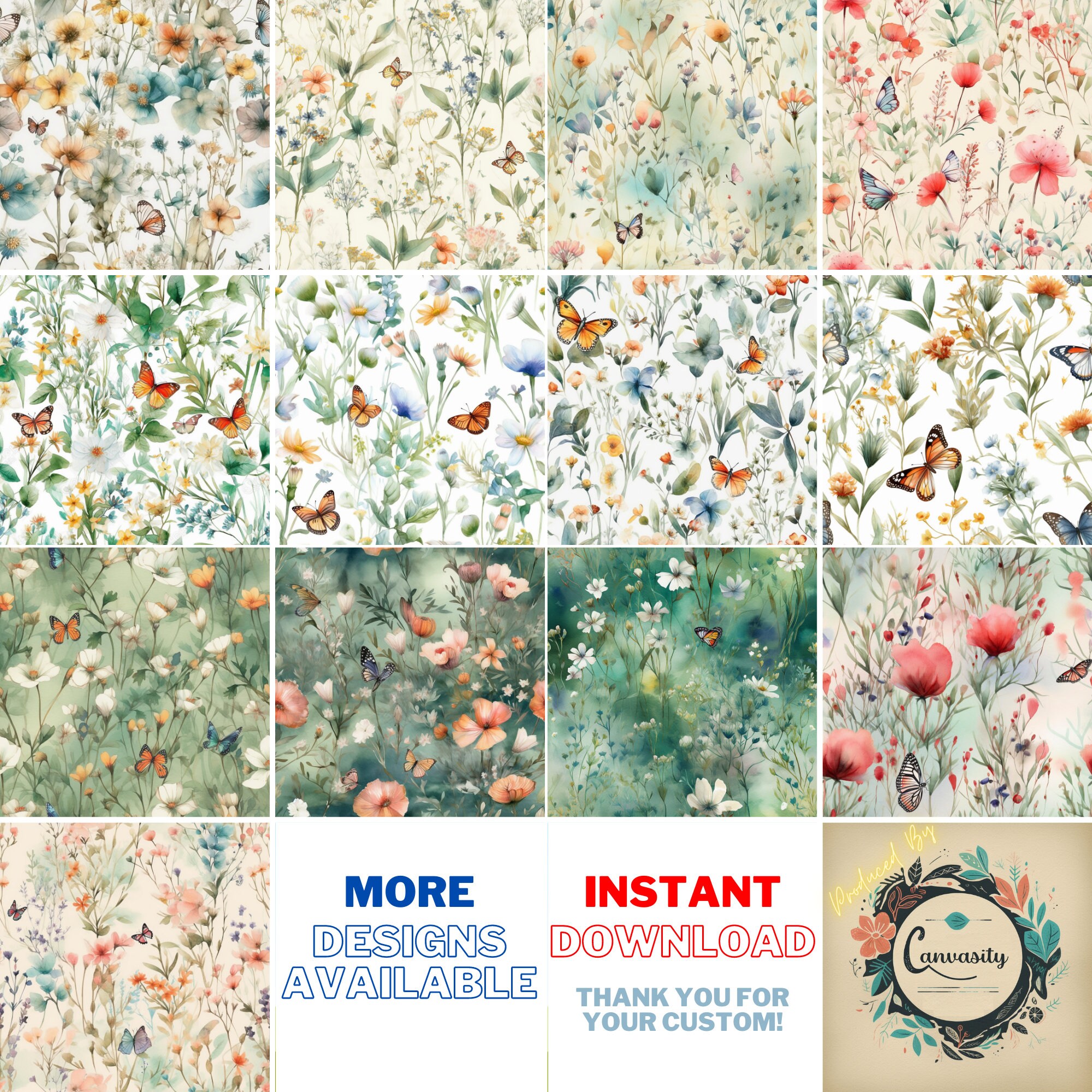 Butterfly Flowers Seamless Digital Paper Pack - Summer Floral Pattern ...