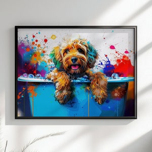 Pop Art Cockapoo Lienzo / Impresión de póster. Colorida acuarela Doodle perro bañera pintura salpicadura pintura salpicadura arte peluqueros decoración de la pared regalo