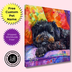 Personalised Black Cockapoo Canvas Print. Custom Dog Name. Sleeping Doodle Mom Dad Gift, Rainbow Watercolour Memorial Paint Splash Cavapoo