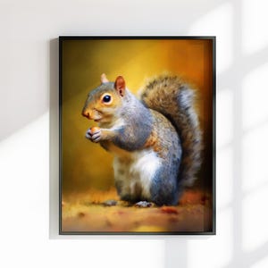 Tela o poster di scoiattolo carino. Stampa di pittura a olio, amante della noce grigia con coda folta, quadro dipinto da appendere alla parete, decorazione animale, creatura del bosco