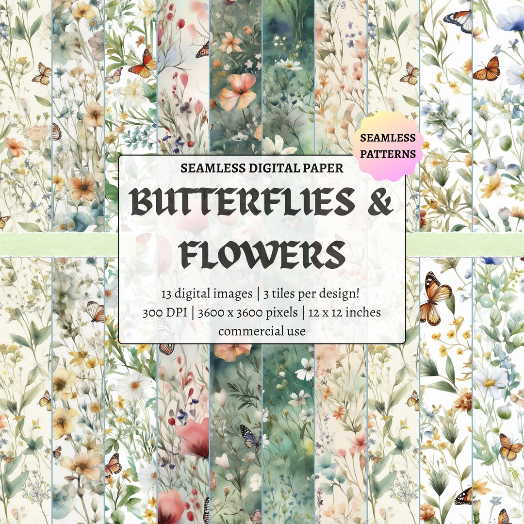 Butterfly Flowers Seamless Digital Paper Pack - Summer Floral Pattern ...