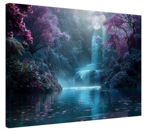 Enchanted Forest Waterfall Canvas. Unique fairytale landscape nature scene. Violet purple turquoise floral home decor print, office wall art