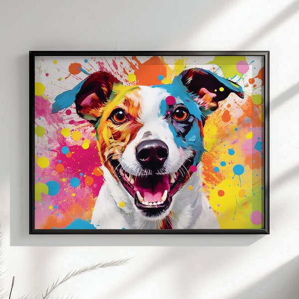 Impression d'affiche de Jack Russell Terrier. Cadeau décoratif mural animalier Pop Art aquarelle coloré pour les amoureux des chiens, maman, papa. Éclaboussure de peinture aquarelle