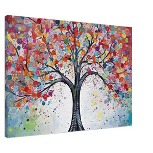 Bunter Regenbogenbaum auf Leinwand. Multicolor Wall Art Bild Druck - Natur, Landschaft, Wald, Pflanze Blumen Boho Dekor. Lebendiges Boho