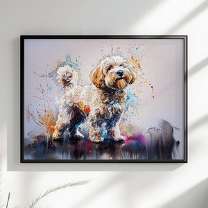 May include: A watercolour painting of a small, white dog with brown markings. The dog is standing on a dark background with colourful splashes of paint.