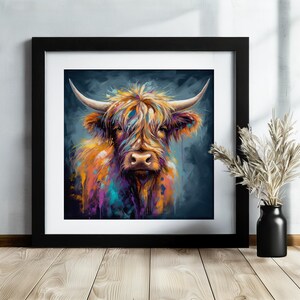 Highland Cow Canvas o stampa incorniciata/senza cornice. Un dipinto unico multicolore di una mucca scozzese. Regali di decorazioni murali da fattoria colorate per contadini, mamme immagine 5